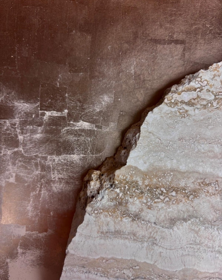 Copper leaf and raw stone material detail from Tala Fustok Studio