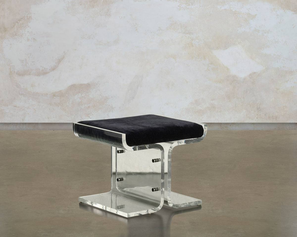 Trace stool by Tala Fustok Studio, a clear Lucite frame with a black velvet seat and exposed bolts